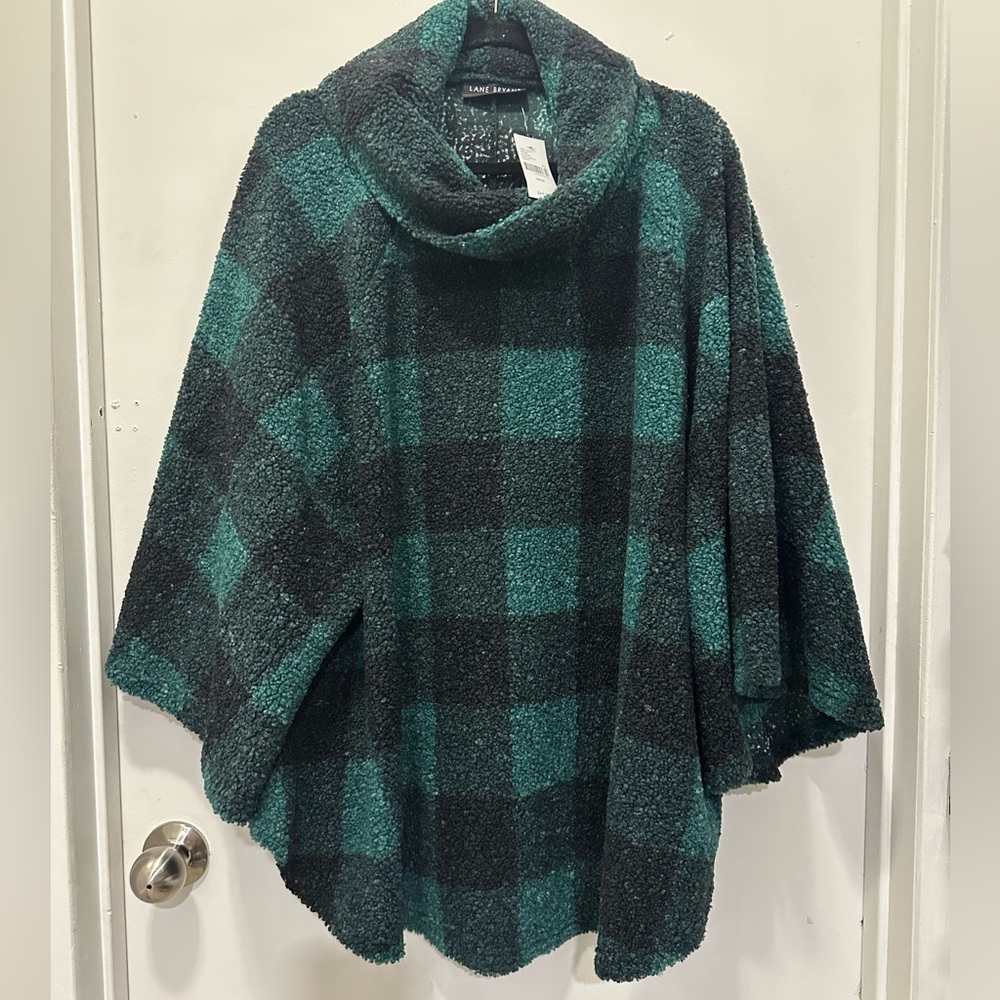 Lane Bryant Green and Black Plaid Cowlneck Pullover Poncho Sz 14/16 - Picture 6 of 7